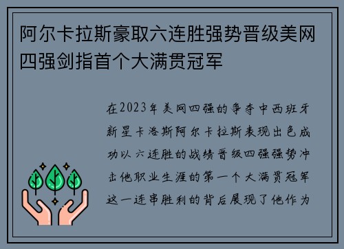 阿尔卡拉斯豪取六连胜强势晋级美网四强剑指首个大满贯冠军